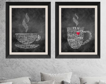 Coffee & Tea Kitchen Prints Set of 2, Archival Giclee Art, Kitchen Wall Decor