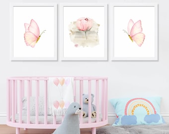 Watercolor Butterfly Art Print Set: Pink Flower Girl Room Decor