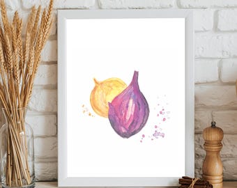 Stampa artistica acquerello di cipolle: decorazione da parete per la cucina