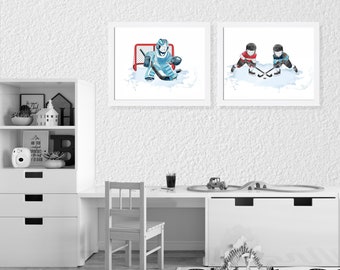 Ice Hockey Art Set of 2 Prints, Nursery Art, Boys Room Decor, Ice Hockey Wall Art, Hockey Player Wall Decor, Teen Room Decor