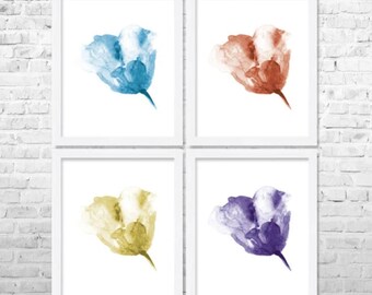 Colorful Watercolor Flower Wall Art Set of 4, Floral Botanical Prints, Bright Home Decor, Bedroom Living Room Gallery Wall