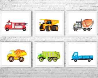 Construction Nursery Art Prints: Watercolor Trucks, Set of 6