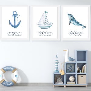 Blue Watercolor Coastal Print Set: Nautical Nursery Art (Set of 3)