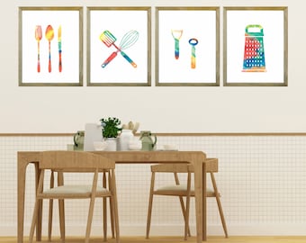 Set di 4 stampe da cucina, forchetta cucchiaio e coltello, stampe d'arte da cucina, decorazioni per pareti da cucina, decorazioni da parete per cucina, poster da cucina, decorazioni da parete per cucina