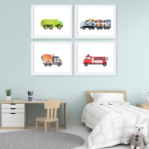 Conjunto de impresión de transporte de 4, arte de la pared de la guardería del niño del bebé, impresiones de la guardería, guardería de basura, decoración del camión de bomberos, arte de la sala de juegos, dormitorio del niño