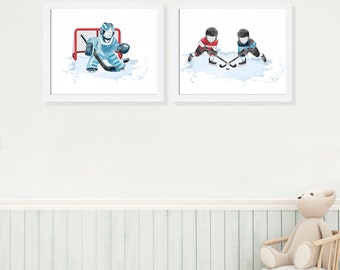 Ice Hockey Art Set of 2 Prints, Nursery Art, Boys Room Decor, Ice Hockey Wall Art, Hockey Player Wall Decor, Teen Room Decor