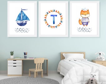 Arte de pared náutica, conjunto de impresión náutica de 3, decoración náutica, tema del océano, decoración de la guardería, monograma personalizado, arte de la pared del dormitorio, marinero de velero