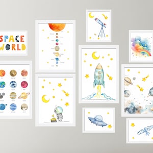 Space Nursery Art Prints: Solar System, Rocket, Astronaut (Set of 10)
