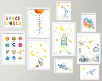 Solar System Nursery Wall Art Set of 10, Watercolor Space Prints, Planet Art for Kids, Space Room Decor, Boys Room Wall Art