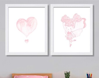 Pink Fairy & Hearts Watercolor Print Set - Baby Girl Nursery Decor