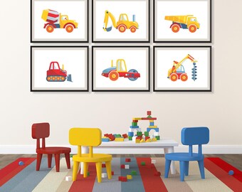 Construction Truck Nursery Prints: Boys Room Wall Art, Set of 6