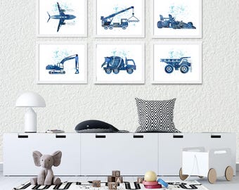 Watercolor Vehicle Nursery Art Set, Airplane, Trucks, Race Car (Set of 6 Prints)