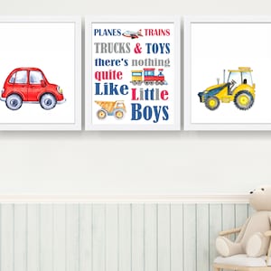 Láminas de transporte para habitación infantil - Juego de 3 - Decoración infantil - Arte mural de transporte - Habitación infantil - Aviones, trenes, camiones y juguetes