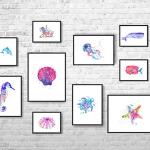 Nautische Wand Kunst, Meer Kunst, Kinderzimmer Dekor, Qualle, Meeresschildkröte, Delfin, Seestern, Aquarell 10er Set, Aquarell Illustration