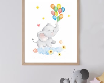 Elephant Watercolor Print: Balloons, Nursery Wall Art