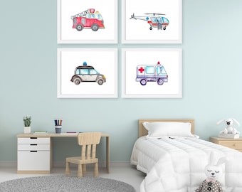 Emergency Vehicle Print Set of 4, Ambulance Poster, Rescue Decor, Firetruck Print, Police Car Art, Boy Nursery Decor, Transportation Art