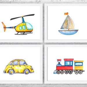 May include: Four watercolour illustrations of different modes of transport: a yellow helicopter, a blue sailboat, a yellow car, and a red and yellow train.