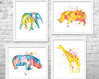 Láminas de safari para guardería: Arte de animales de la selva en acuarela, juego de 4