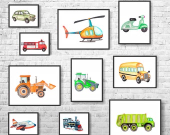 Set of 10 Prints-Baby Nursery Art-Transportation Wall Art-Transportation Nursery Art-Transportation Room Decor-Kids Wall Decor-Truck-Train