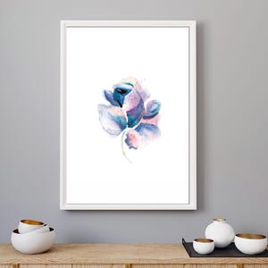 Impresión artística de rosa azul, póster de rosa, pintura de flores, flor de acuarela, impresión de flor de acuarela, flor abstracta, arte floral, impresión floral