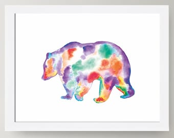 Bear Watercolor Art Print: Colorful Animal Painting, Nursery Decor