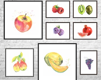 Watercolor Fruit Art Prints: Kitchen Food Decor, Set of 8