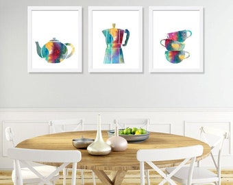 Colorful Kitchen Art Prints: Coffee, Tea, Espresso - Set of 3