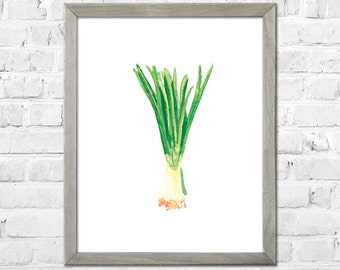 Oignons de printemps, impression d'art aquarelle-cuisine, art mural-Onoin impression d'art-légumes aquarelle-cuisine décoration murale-art mural cuisine