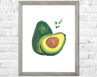 Kitchen Wall Art, Watercolor Avocado Painting, Green Home Decor, Botanical Watercolor, Fruit Art Print, Kitchen Wall Decor