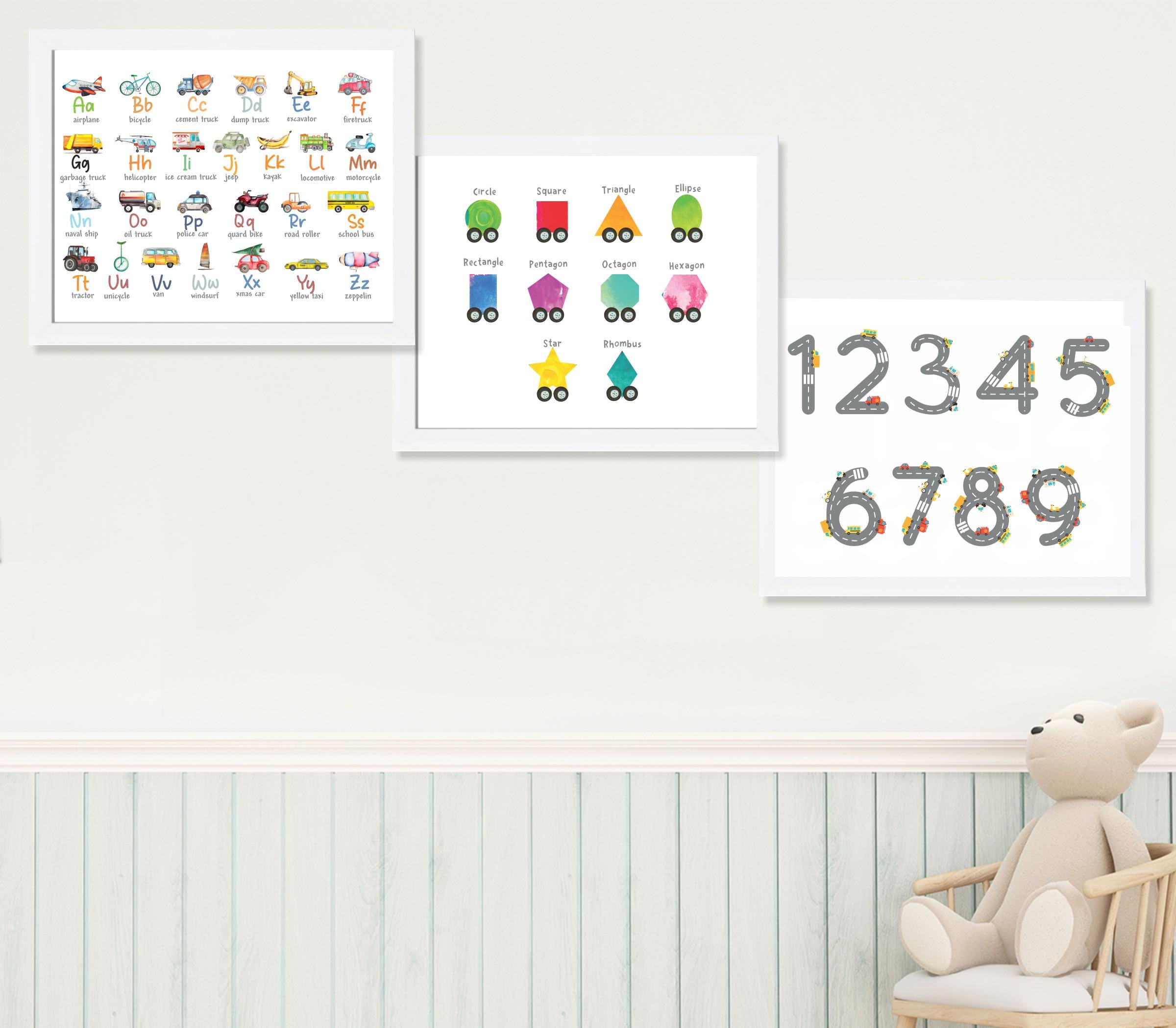 Transportation Nursery Wall Art Set of 3, Vehicle ABC Numbers & Shapes Prints, Educational Boys Room Decor, Kids Learning Wall Art