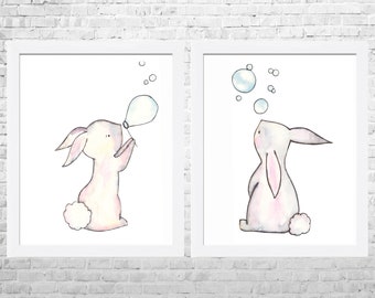 Bunny Nursery Art, Rabbit Wall Decor, Rabbit Watercolor Print, Bunny Rabbit Art Print, Animal Art, Children's Wall Art, Set of 2 Prints