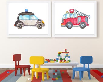 Fire Truck Baby Boy Nursery Art Police Car, Transportation Wall Art, Baby Nursery Decor, Toddler Boy Bedroom Art, Set of 2 Prints