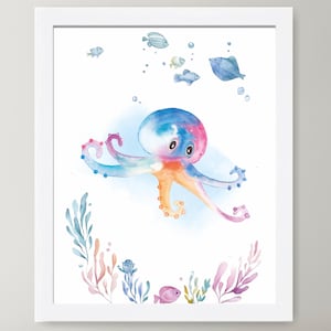 Octopus Watercolor Print: Nautical Sea Life Art