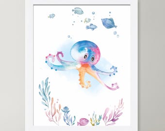 Impresión de acuarela de pulpo: arte náutico marino