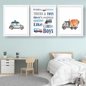 Láminas de transporte para habitación infantil - Juego de 3 - Decoración infantil - Arte mural de transporte - Habitación infantil - Aviones, trenes, camiones y juguetes