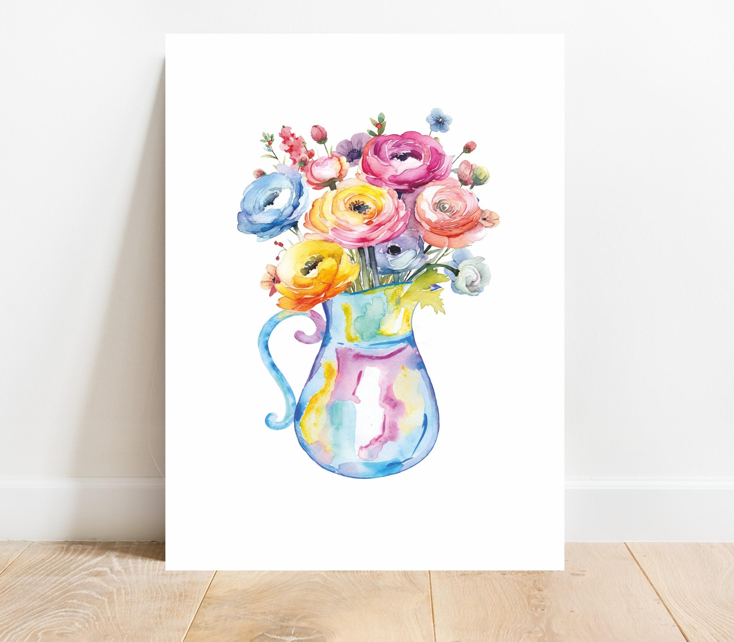 水彩画の花のプリント：抽象的な花瓶、モダンな壁アート - Etsy 日本