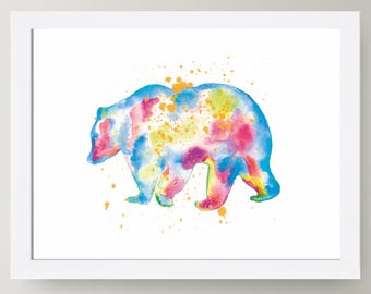 Watercolor Bear Print: Colorful Animal Art, Nursery Decor