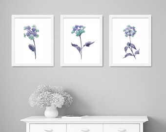 Blue Flowers Watercolor Art Prints: Set of 3, Botanical Wall Decor