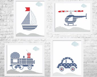 Láminas decorativas infantiles con motivos de transporte: decoración para la habitación de un niño, juego de 4 (descarga digital).