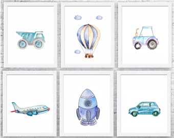 Transportation Nursery Art Prints: Car, Truck, Airplane, Rocket (Set of 6)