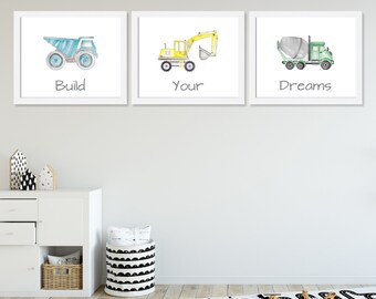Build Your Dreams Set of 3 Prints, Construction Truck Art Prints, Boy Nursery Decor