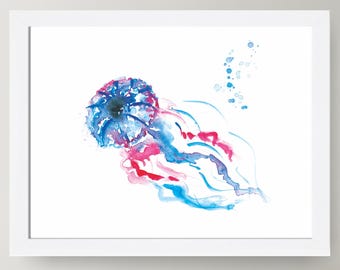 Impresión artística de medusas, pintura de acuarela, vida marina, ilustraciones, impresión artística, decoración de pared para niños, arte náutico, arte infantil, decoración de habitación de bebé