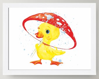 Duck Watercolor Print: Yellow Duck Under Mushroom, Nursery Wall Art