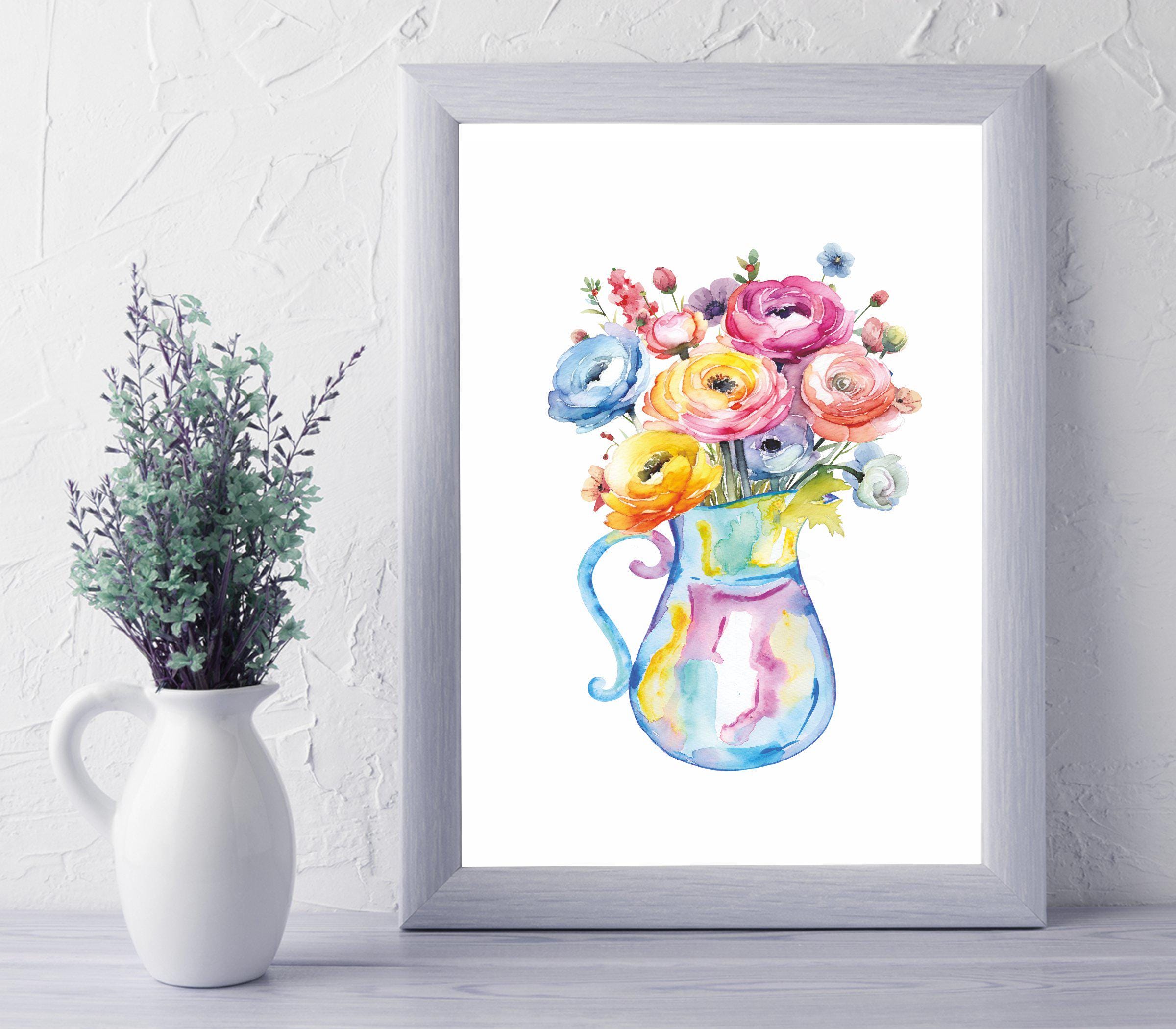 水彩画の花のプリント：抽象的な花瓶、モダンな壁アート - Etsy 日本
