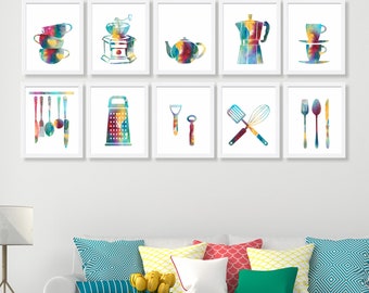 Kitchen Art Prints, Watercolor Utensils, Coffee Theme, Set of 10