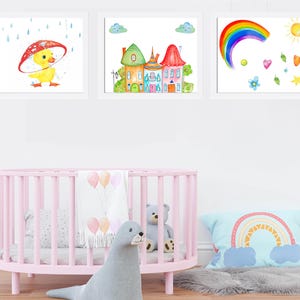 Watercolor Nursery Print Set: Rainbow, Duck, Houses Wall Art