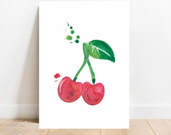 Könnte beinhalten: Aquarellmalerei von zwei roten Kirschen mit grünen Stielen und Blättern. Die Kirschen sind mit einem Spritz-Effekt gemalt, was einen verspielten und künstlerischen Look erzeugt.