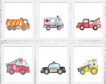 Trucks Prints, Construction Nursery Art, Nursery Poster, Construction Decor, Kids Wall Decor, Nursery Wall Art Set of 6 Prints