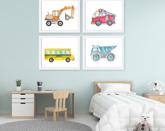 Builder Nursery Art, Trucks Prints Set of 4, Construction Nursery Poster, Construction Decor, Baby Boy Nursery, Kids Room, Nursery Decor