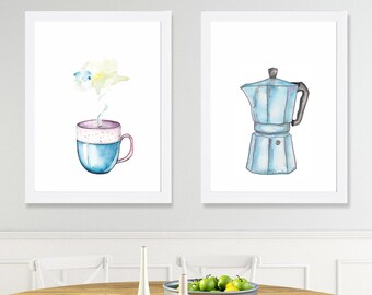 Coffee Art Prints Set, Kitchen Watercolor Giclee Decor